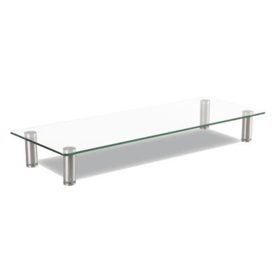 Adjustable Tempered Glass Monitor Riser, 22.75″ x 8.25″ x 3″ to 3.5″, Clear/Silver