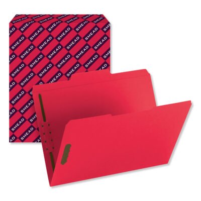 Top Tab Colored Fastener Folders, 0.75″ Expansion, 2 Fasteners, Letter Size, Red Exterior, 50/Box