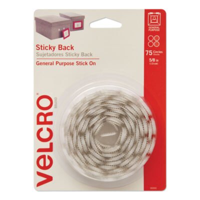 Sticky-Back Fasteners, Removable Adhesive, 0.63″ dia, White, 75/Pack