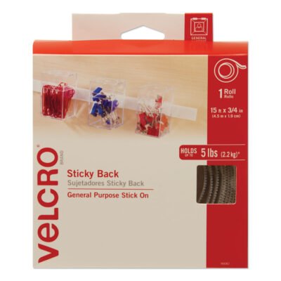 Sticky-Back Fasteners with Dispenser, Removable Adhesive, 0.75″ x 15 ft, White