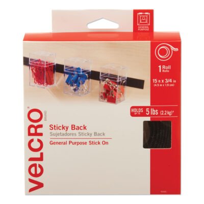 Sticky-Back Fasteners with Dispenser, Removable Adhesive, 0.75″ x 15 ft, Black