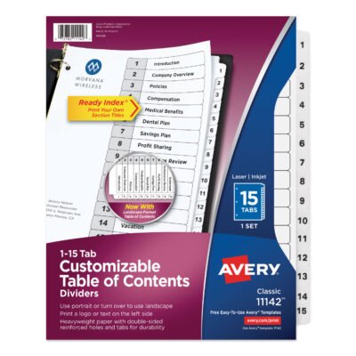 Customizable TOC Ready Index Black and White Dividers, 15-Tab, 1 to 15, 11 x 8.5, 1 Set