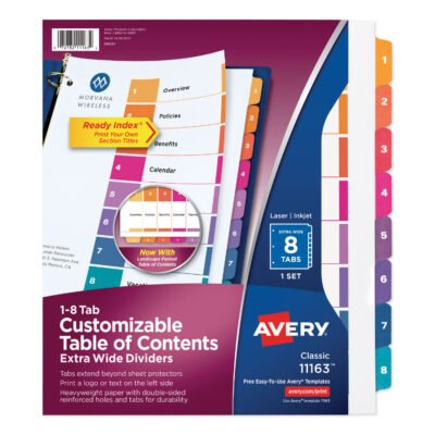 Customizable TOC Ready Index Multicolor Tab Dividers, Extra Wide Tabs, 8-Tab, 1 to 8, 11 x 9.25, White, 1 Set