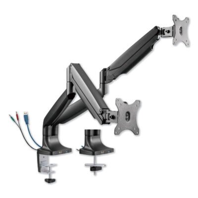 AdaptivErgo Dual Monitor Arm with USB, For 27″ Monitors, 180 deg Rotation, 30 deg Tilt, 135 deg Pan, Black, Supports 11 lb