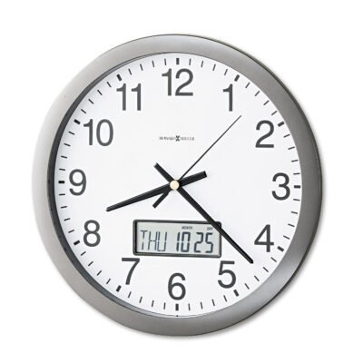 Chronicle Wall Clock with LCD Inset, 14″ Overall Diameter, Gray Case, 2 AA (sold separately)