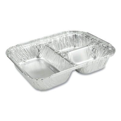 3-Compartment Oblong Aluminum Foil Container, 23 oz, 6.56 x 8.69 x 1.81, Silver, 500/Carton