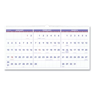 Deluxe Three-Month Reference Wall Calendar, Horizontal Orientation, 24 x 12, White Sheets, 15-Month (Dec-Feb): 2022 to 2024