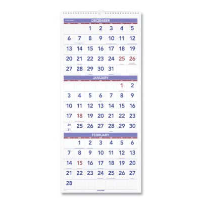 Deluxe Three-Month Reference Wall Calendar, Vertical Orientation, 12 x 27, White Sheets, 14-Month (Dec to Jan): 2022 to 2024