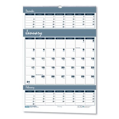 Bar Harbor Recycled Wirebound 3-Months-per-Page Wall Calendar, 15.5 x 22, White/Blue/Gray Sheets, 14-Month(Dec-Jan):2022-2024