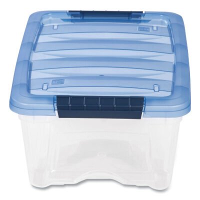 Stack and Pull Latching Flat Lid Storage Box, 3.23 gal, 10.9″ x 16.5″ x 6.5″, Clear/Translucent Blue