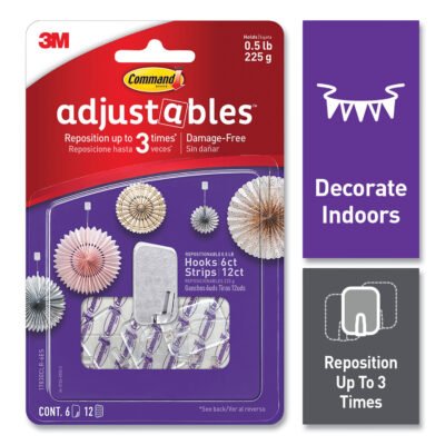 Adjustables Repositionable Mini Hooks, Plastic, White, 0.5 lb Capacity, 6 Hooks and 12 Strips