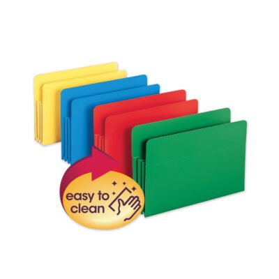 Poly Drop Front File Pockets, 3.5″ Expansion, Legal Size, Assorted Colors, 4/Box