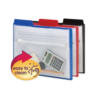 Poly Project Organizer with Zip Pouch, 2-Sections, 1/3-Cut Tab, Letter Size, Assorted Colors, 3/Pack