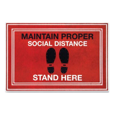 Message Floor Mats, 24 x 36, Red/Black, “Maintain Social Distance Stand Here”