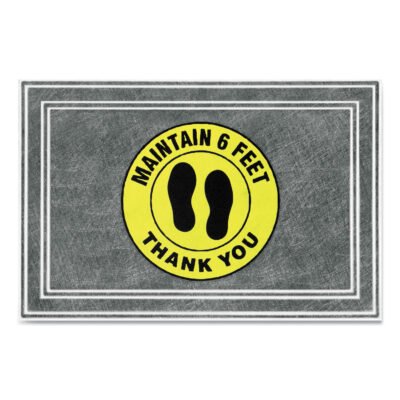 Message Floor Mats, 24 x 36, Charcoal/Yellow, “Maintain 6 Feet Thank You”