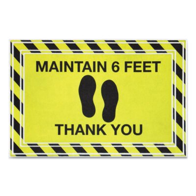 Message Floor Mats, 24 x 36, Black/Yellow, “Maintain 6 Feet Thank You”