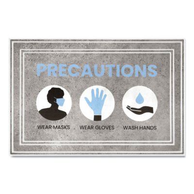 Message Floor Mats, 24 x 36, Gray/Blue, “Precautions Wear Masks Wear Gloves Wash Hands”