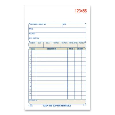 3-Part Sales Book, 12 Lines, Three-Part Carbonless, 4.19 x 7.19, 50 Forms/Pad, 10 Pads/Carton