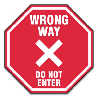 Slip-Gard Social Distance Floor Signs, 17 x 17, “Wrong Way Do Not Enter”, Red, 25/Pack