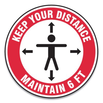 Slip-Gard Social Distance Floor Signs, 17″ Circle, “Keep Your Distance Maintain 6 ft”, Human/Arrows, Red/White, 25/Pack