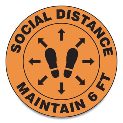 Slip-Gard Social Distance Floor Signs, 12″ Circle, “Social Distance Maintain 6 ft”, Footprint, Orange, 25/Pack