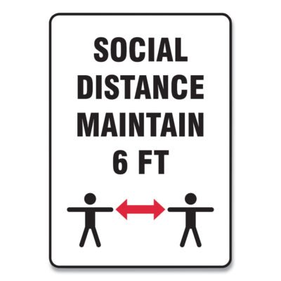 Social Distance Signs, Wall, 10 x 14, “Social Distance Maintain 6 ft”, 2 Humans/Arrows, White, 10/Pack