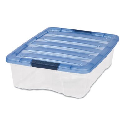 Stack and Pull Latching Flat Lid Storage Box, 6.73 gal, 16.5″ x 22″ x 6.5″, Clear/Translucent Blue