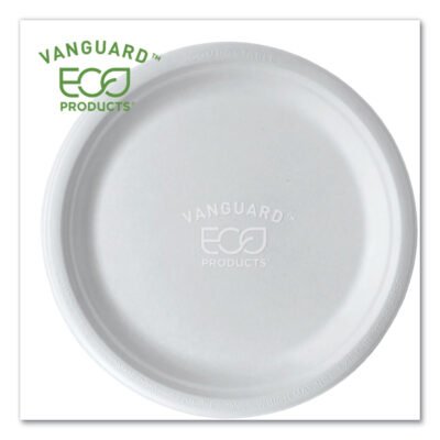Vanguard Renewable and Compostable Sugarcane Plates, 10″ dia, White, 500/Carton
