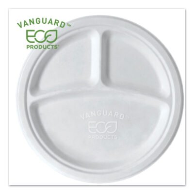 Vanguard Renewable and Compostable Sugarcane Plates, 3-Compartment, 10″ dia, White, 500/Carton