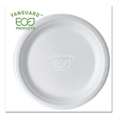 Vanguard Renewable and Compostable Sugarcane Plates, 9″ dia, White, 500/Carton