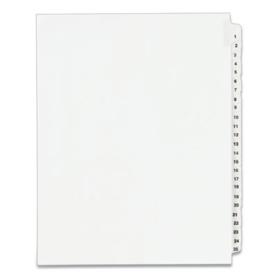 Preprinted Legal Exhibit Side Tab Index Dividers, Avery Style, 25-Tab, 1 to 25, 11 x 8.5, White, 1 Set, (1330)