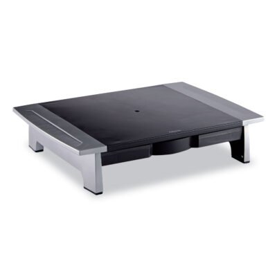 Office Suites Standard Monitor Riser, For 21″ Monitors, 19.78″ x 14.06″ x 4″ to 6.5″, Black/Silver, Supports 80 lbs