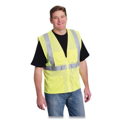 ANSI Class 2 Four Pocket Zipper Safety Vest, Polyester Mesh, Large, Hi-Viz Lime Yellow