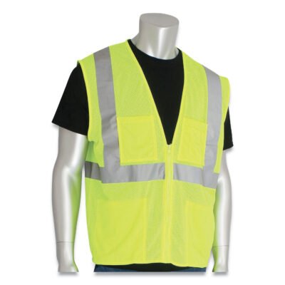 ANSI Class 2 Four Pocket Zipper Safety Vest, Polyester Mesh, 4X-Large, Hi-Viz Lime Yellow