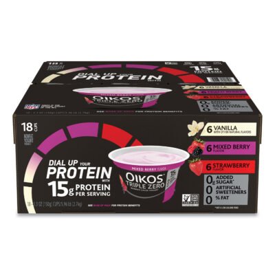 Triple Zero Blended Greek Nonfat Yogurt, 5.3 oz, Strawberry/Mixed Berry/Vanilla, 18/Carton, Ships in 1-3 Business Days