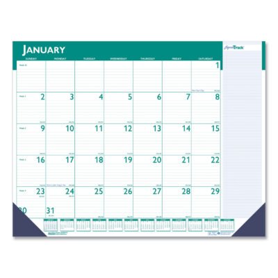 Express Track Monthly Desk Pad Calendar, 22 x 17, White/Teal Sheets, Teal Binding, Blue Corners, 13-Month(Jan-Jan): 2023-2024
