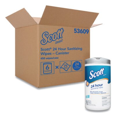 24-Hour Sanitizing Wipes, 1-Ply, 4.5 x 8.25, Fresh, White, 75/Canister, 6 Canisters/Carton