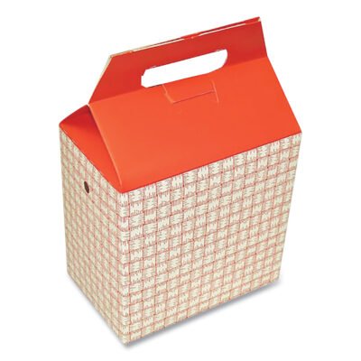 Take-Out Barn One-Piece Paperboard Food Box, Basket-Weave Plaid Theme, 8 x 5 x 8, Red/White, Paper, 125/Carton