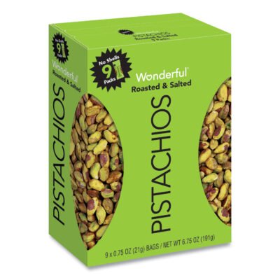 Wonderful No Shells Pistachios, Roasted and Salted, 0.75 oz Bag, 9 Bags/Box, 4 Boxes/Carton