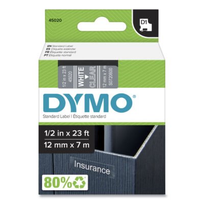 D1 High-Performance Polyester Removable Label Tape, 0.5″ x 23 ft, White on Clear