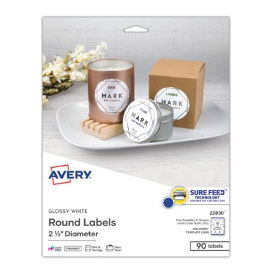 Round Print-to-the Edge Labels with SureFeed, 2.5″ dia, Glossy White, 90/PK