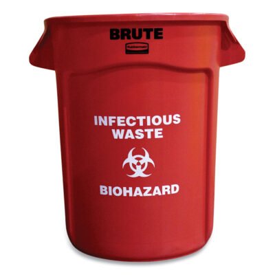 Vented Round Brute Container, “Infectious Waste: Biohazard” Imprint, 32 gal, Plastic, Red