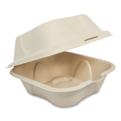 Fiber Hinged Burger Box Containers, 6 x 6 x 3, Natural, Paper, 500/Carton