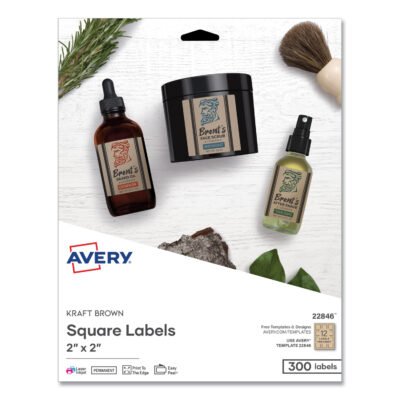 Square Print-to-the-Edge Labels, Inkjet/Laser Printers, 2 x 2, Kraft Brown, 12/Sheet, 25 Sheets/Pack