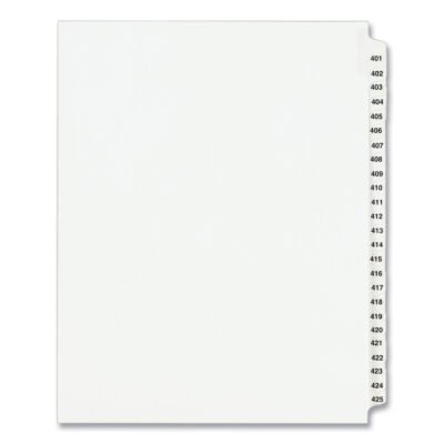 Preprinted Legal Exhibit Side Tab Index Dividers, Avery Style, 25-Tab, 401 to 425, 11 x 8.5, White, 1 Set, (1346)