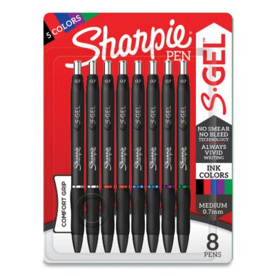 S-Gel High-Performance Gel Pen, Retractable, Medium 0.7 mm, Five Assorted Ink Colors, Black Barrel, 8/Pack