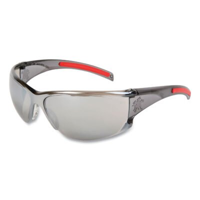 HK1 Series Safety Glasses, Wraparound, Scratch-Resistant, Silver Mirror Lens, Smoke/Red Frame