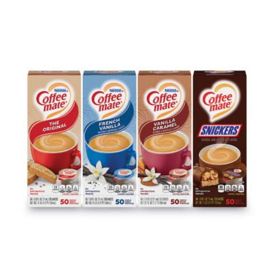 Liquid Coffee Creamer, Original/French Vanilla/Snickers/Vanilla Caramel, 0.38oz MiniCups, 50/PK,4 PK/CT,Delivery 1-4 Bus Days