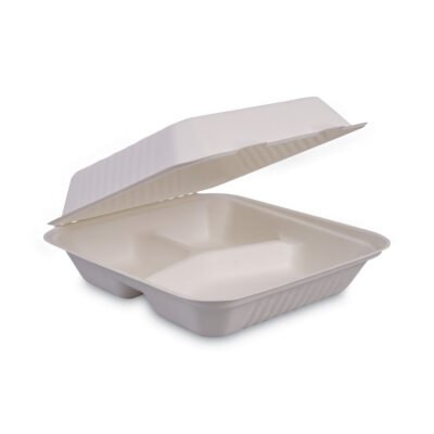 Bagasse Food Containers, Hinged-Lid, 3-Compartment 9 x 9 x 3.19, White, Sugarcane, 100/Sleeve, 2 Sleeves/Carton