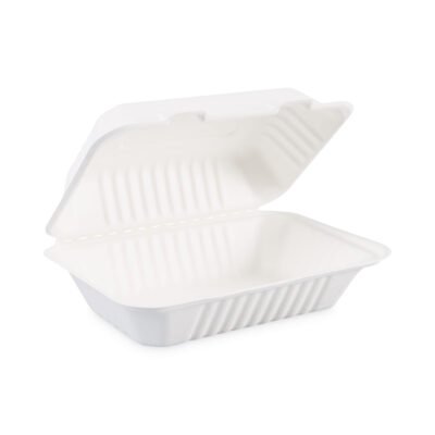 Bagasse Food Containers, Hinged-Lid, 1-Compartment 9 x 6 x 3.19, White, Sugarcane, 125/Sleeve, 2 Sleeves/Carton